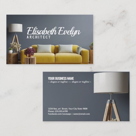 インテリアの濃い青の壁と黄色のソファ 名刺 (正面/裏面)