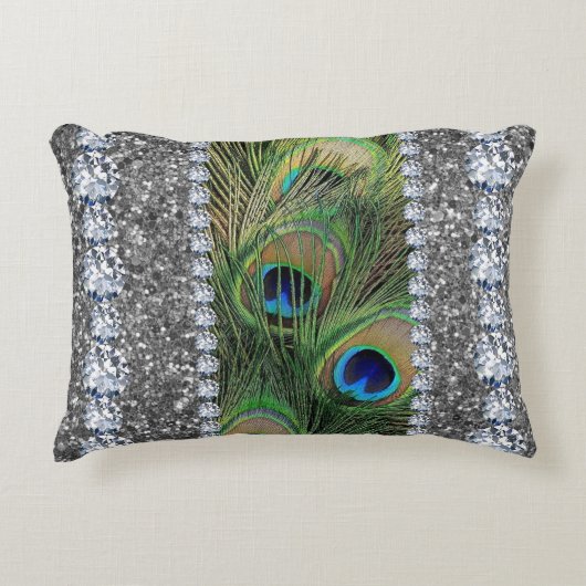 インテリアグリッターシックシルバーホームバラピーコック アクセントクッション (正面)