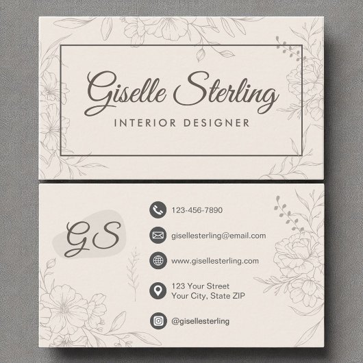 インテリアデザイナーニュートラルアイボリーフローラ エレガント 名刺