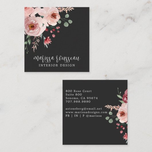 インテリアデザイナーピンクフローラボホブラック スクエア名刺 (正面/裏面)