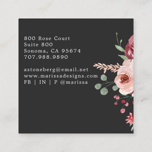 インテリアデザイナーピンクフローラボホブラック スクエア名刺 (裏面)
