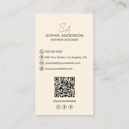インテリアデザイナーモノグラムフォトQRクリーム 名刺 (裏面)