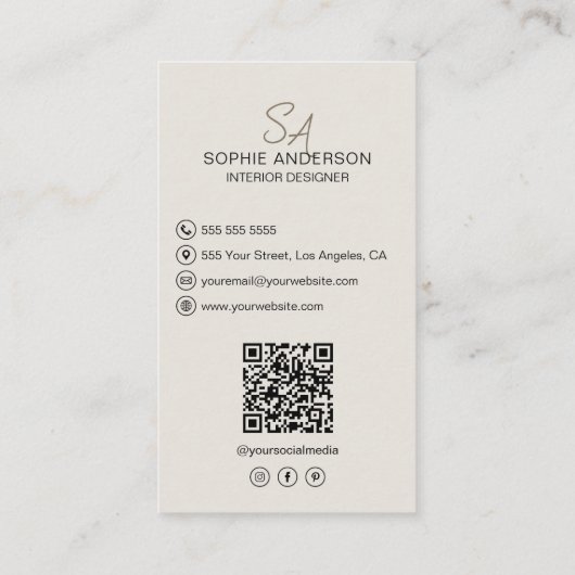 インテリアデザイナーモノグラムフォトQRソーシャルメディア 名刺 (裏面)