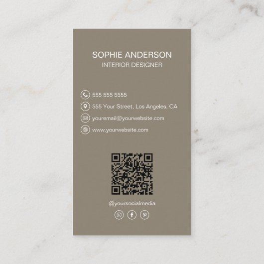 インテリアデザイナーロゴ写真QRソーシャルメディアTaupe 名刺 (裏面)