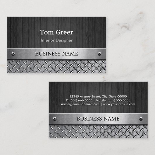 インテリアデザイナー – 木と金属の外観 名刺 (正面/裏面)