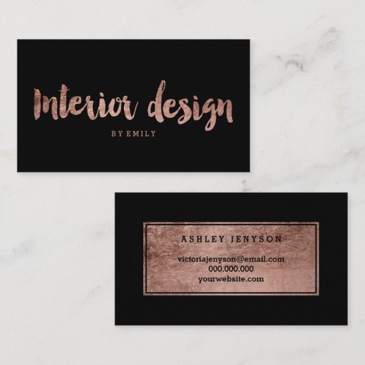 インテリア・デザインのばら色の金ゴールドのタイポグラフィのシンプルの黒 名刺 (正面/裏面)