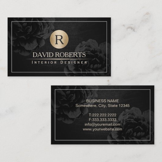 インテリア・デザインの金ゴールドのモノグラムのヴィンテージの黒の花柄 名刺 (正面/裏面)