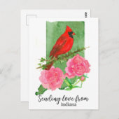 インディアナ州から愛を送る(鳥)ショウジョウコウカンチョウピンク牡丹 ポストカード (正面/裏面)