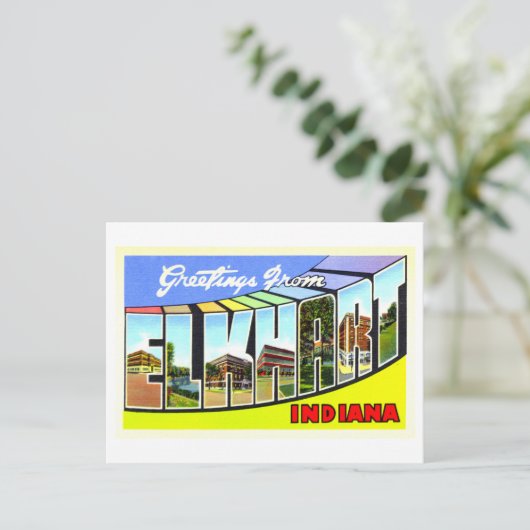 インディアナ州のエルクハートからのヴィンテージ挨拶 ポストカード (スタンド正面)