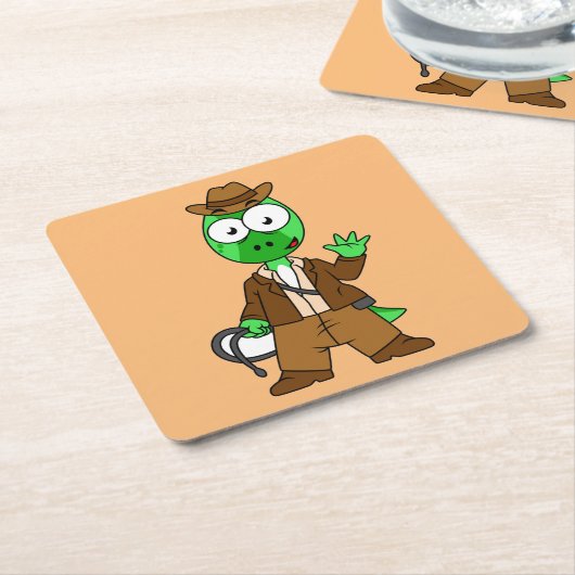 インディアナ・ジョーンズの格好をしたパラショロフォス。 スクエアペーパーコースター (アングル)