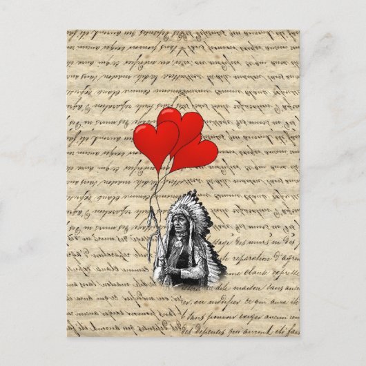 インディアンおもしろいのチーフとハート風船 ポストカード (正面)