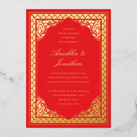 インディアンお祝い結婚ズメンディパーティーゴールドフォイル 箔招待状 (正面)