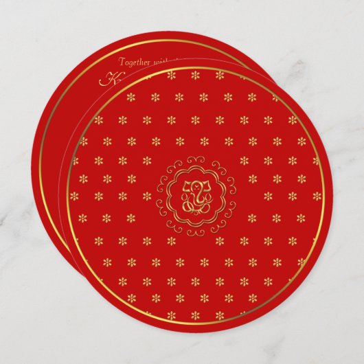 インディアンがガネシ結婚ャの赤と金ゴールド 招待状 (正面/裏面)