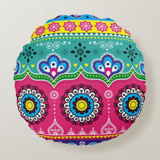 インディアンとパキスタンのトラックアートデザイン、ジングルトラック ラウンドクッション (正面)