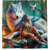 インディアンと狼の一威厳のある致 シャワーカーテン (正面)