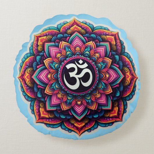 インディアンのオムシンボルのカラフルデザイン ラウンドクッション (正面)