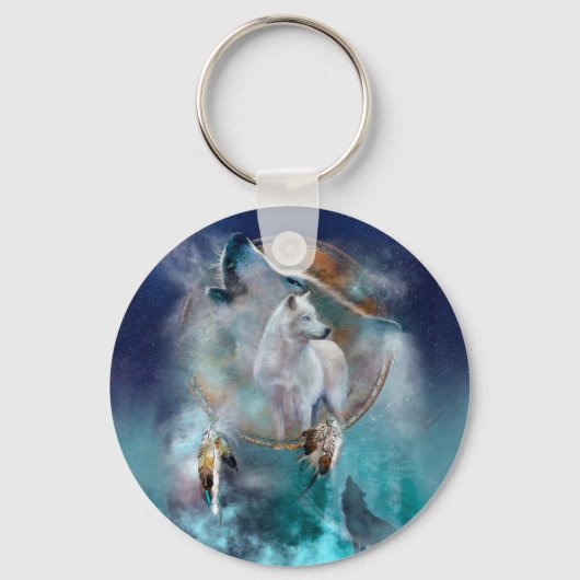 インディアンのドリームキャッチャーとエスニックの部族の頭の狼 キーホルダー (正面)