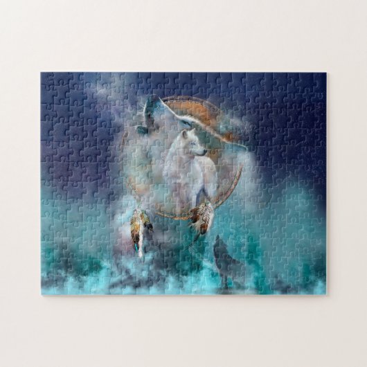 インディアンのドリームキャッチャーとエスニックの部族の頭の狼 ジグソーパズル (横)