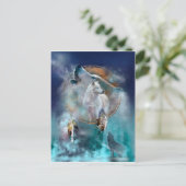 インディアンのドリームキャッチャーとエスニックの部族の頭の狼 ポストカード (スタンド正面)