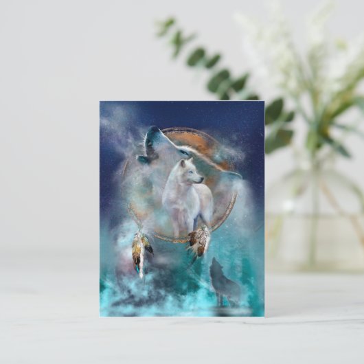 インディアンのドリームキャッチャーとエスニックの部族の頭の狼 ポストカード (スタンド正面)