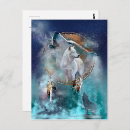 インディアンのドリームキャッチャーとエスニックの部族の頭の狼 ポストカード (正面/裏面)