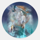 インディアンのドリームキャッチャーとエスニックの部族の頭の狼 ラウンドシール (正面)