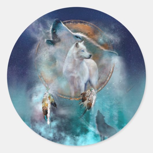 インディアンのドリームキャッチャーとエスニックの部族の頭の狼 ラウンドシール (正面)