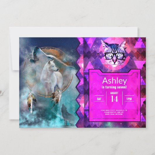 インディアンのドリームキャッチャーとエスニックの部族の頭の狼 招待状 (正面)