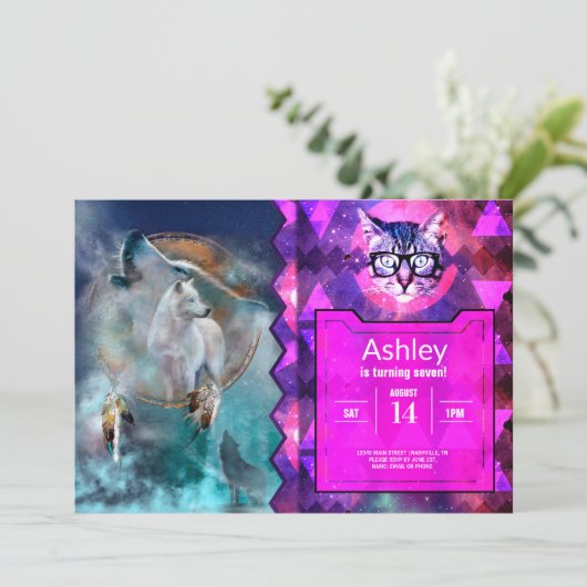 インディアンのドリームキャッチャーとエスニックの部族の頭の狼 招待状 (スタンド正面)