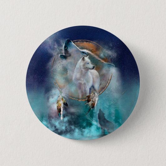 インディアンのドリームキャッチャーとエスニックの部族の頭の狼 缶バッジ (正面)