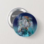 インディアンのドリームキャッチャーとエスニックの部族の頭の狼 缶バッジ (正面&裏面)