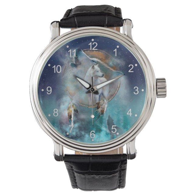 インディアンのドリームキャッチャーとエスニックの部族の頭の狼 腕時計 (正面)