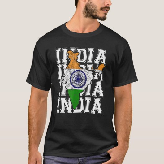 インディアンの地図と国旗の土産動揺してインド Tシャツ (正面)
