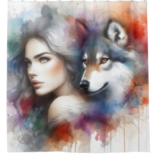 インディアンの女と狼の魂 シャワーカーテン (正面)