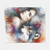 インディアンの女と狼の魂 フリースブランケット (正面(横))