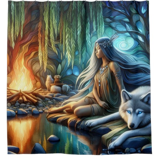 インディアンの女は夕暮れ時に狼と結び付く シャワーカーテン (正面)