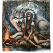 インディアンの女性とオオカミ シャワーカーテン (正面)