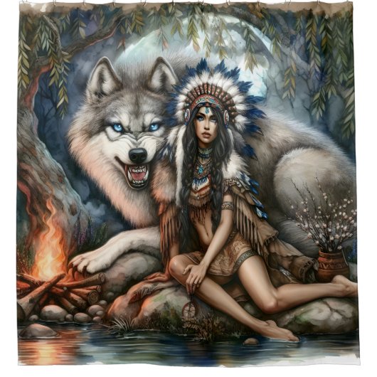 インディアンの女性とオオカミ シャワーカーテン (正面)