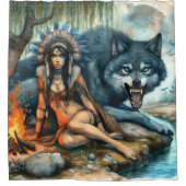 インディアンの女性と強い狼の友人 シャワーカーテン (正面)