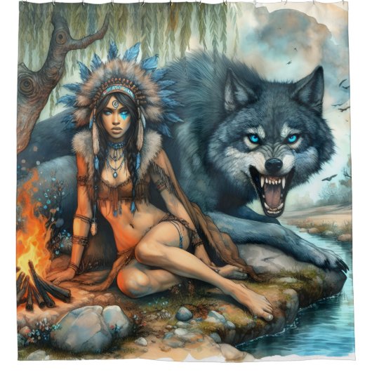 インディアンの女性と強い狼の友人 シャワーカーテン (正面)