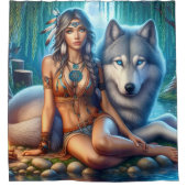 インディアンの女性と狼バイリバーバンク シャワーカーテン (正面)