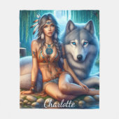インディアンの女性と狼バイリバーバンク フリースブランケット (正面)