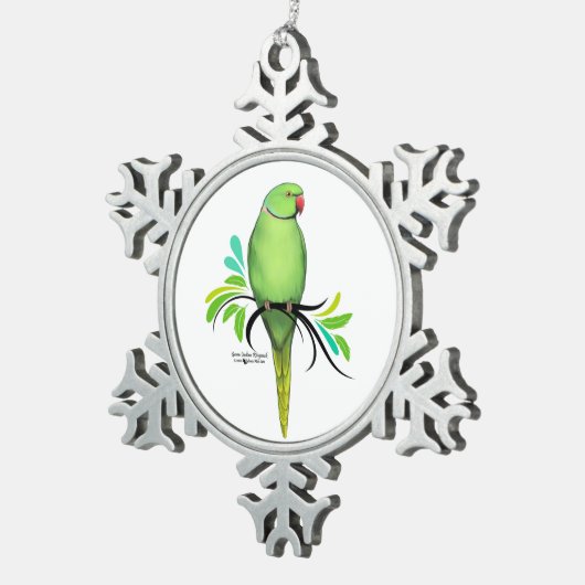 インディアンのRingneckの緑のオウム スノーフレークピューターオーナメント (右)