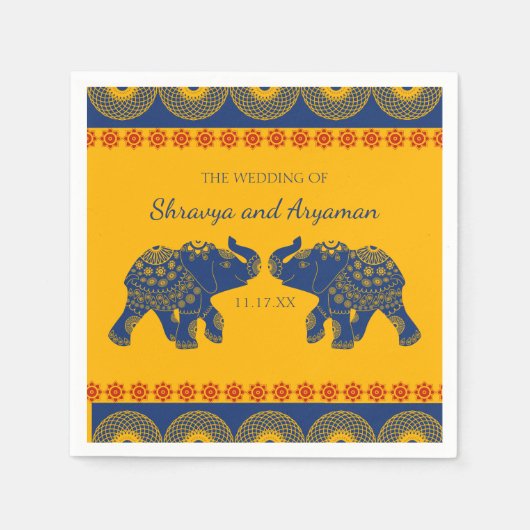 インディアンをテーマにした青王室の象の結婚象 スタンダードカクテルナプキン (正面)