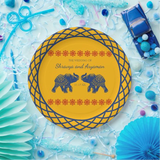 インディアンをテーマにした青王室の象の結婚象 ペーパープレート (パーティー)