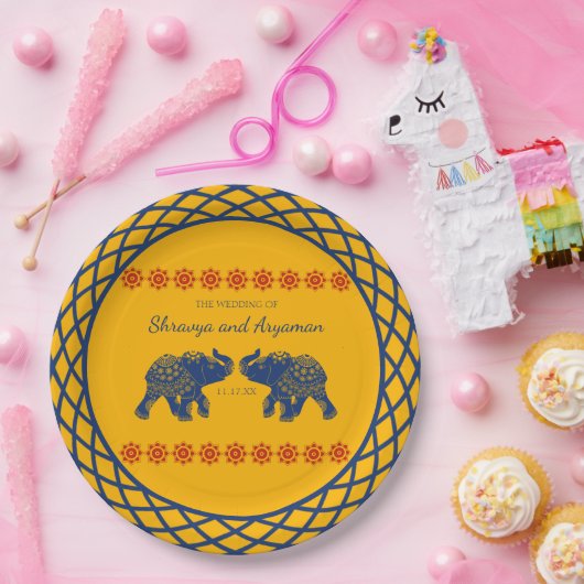 インディアンをテーマにした青王室の象の結婚象 ペーパープレート (パーティー)