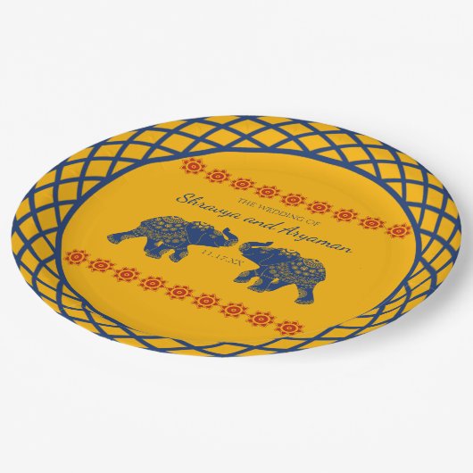 インディアンをテーマにした青王室の象の結婚象 ペーパープレート (アングル)