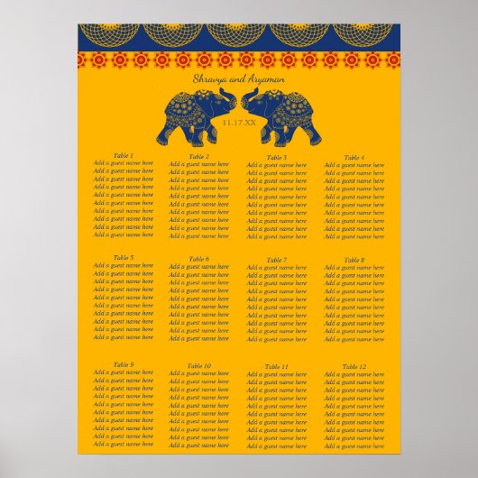 インディアンをテーマ結婚にしたゾウの座席表 ポスター (正面)
