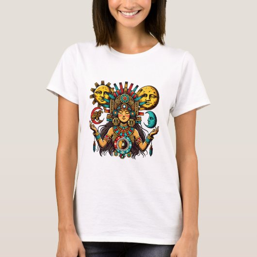 インディアンウアステカマン王女サンムーンフォークアート Tシャツ (正面)