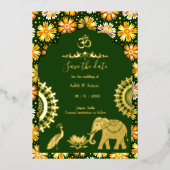 インディアンウェディングは日付金ゴールドインディアンモチーフを保存 箔招待状 (正面)